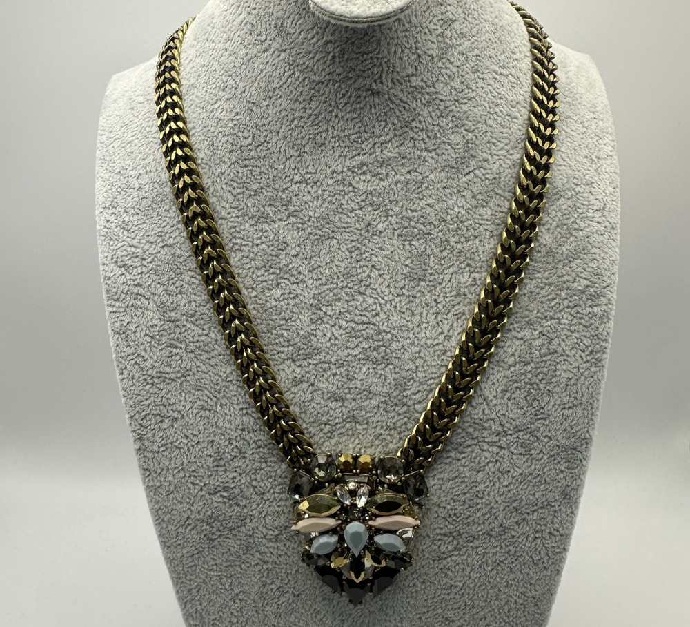 J Crew Necklace Chunky Crystal Cluster Pendant Colorful Gold Tone Statement